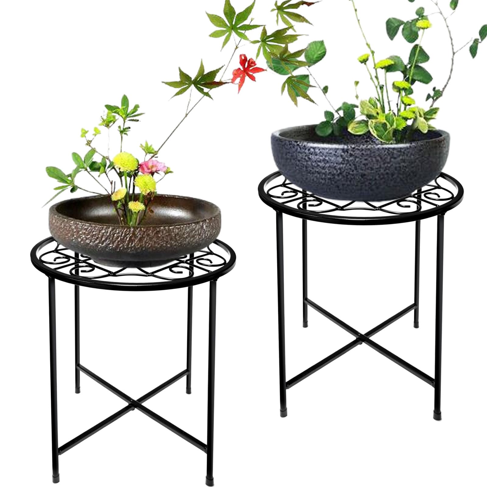 15" Tall Metal Plant Stand, 2 Pack 11" Wide Round Plant Stand for Flower Pots Up to 100lbs, Rustproof Iron Plant Holder for Indoor Outdoor Use, Easy Assemble Flower Stand for Home Garden Display