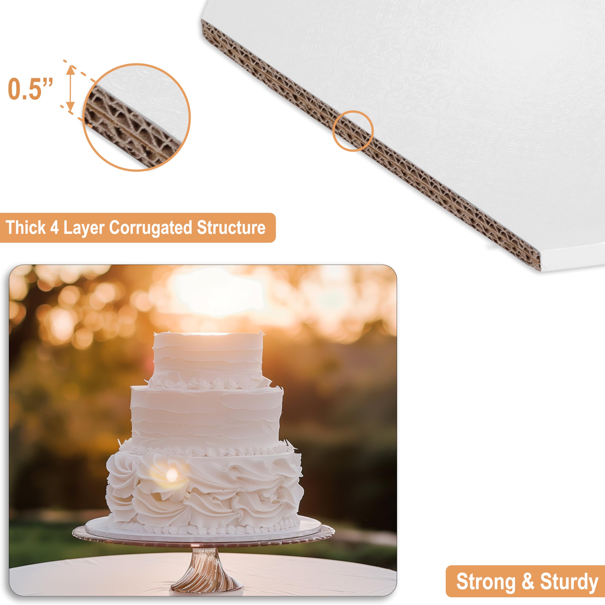 Sleek Cake Board Drum 8, 10 & 12 Inch (3 Sizes, 14 Pack Total) | Free Prop Up Tool & Matching Ribbon | 1/2" Thick Cake Board Rounds | Sturdy & Greaseproof Cake Circle For Presenting Heavy/Tiered Cakes