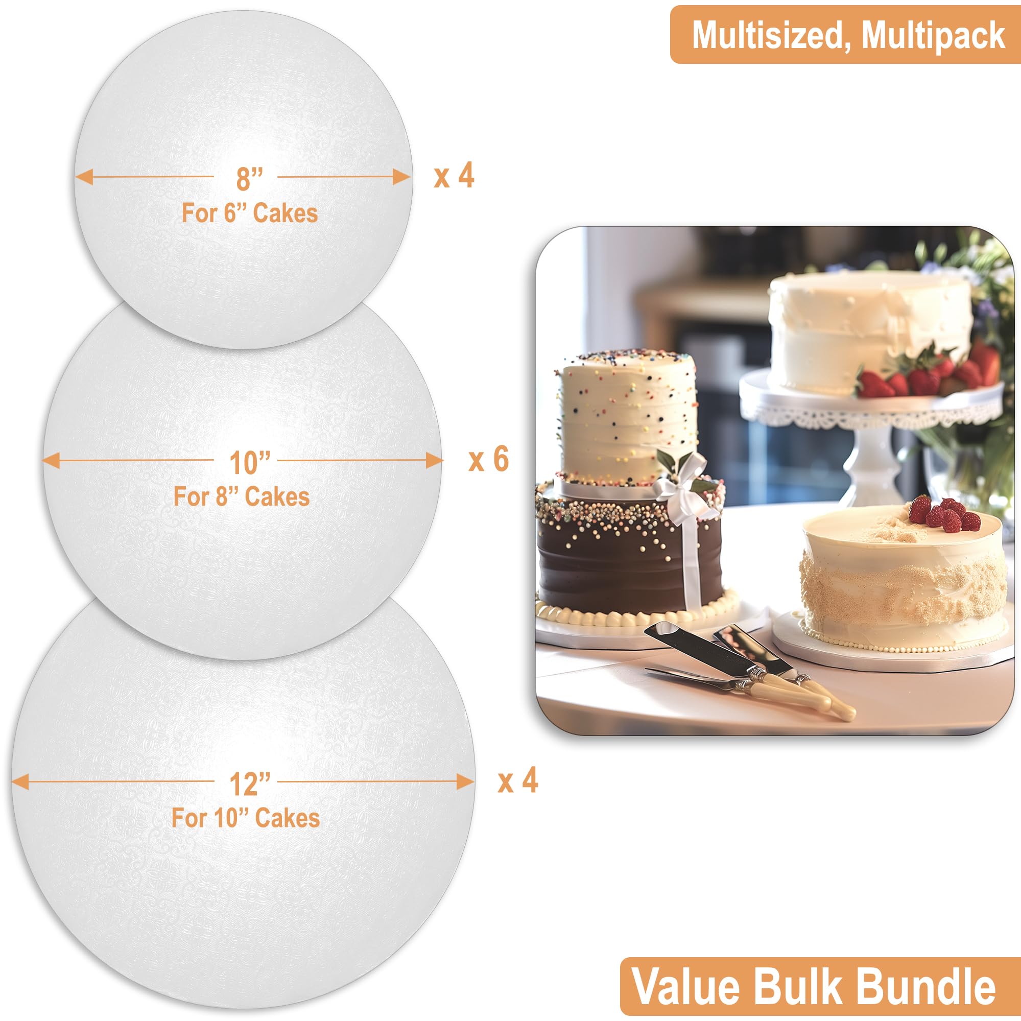 Sleek Cake Board Drum 8, 10 & 12 Inch (3 Sizes, 14 Pack Total) | Free Prop Up Tool & Matching Ribbon | 1/2" Thick Cake Board Rounds | Sturdy & Greaseproof Cake Circle For Presenting Heavy/Tiered Cakes