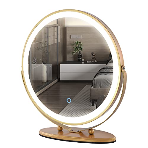 LVSOMT 20" Vanity Makeup Mirror with Lights, 3 Color Lighting Dimmable LED Mirror, Touch Control, 360°Rotation, High-Definition Large Round Lighted Up Mirror for Bedroom Table Desk