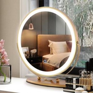 lvsomt 20" vanity makeup mirror with lights, 3 color lighting dimmable led mirror, touch control, 360°rotation, high-definition large round lighted up mirror for bedroom table desk