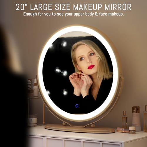 LVSOMT 20" Vanity Makeup Mirror with Lights, 3 Color Lighting Dimmable LED Mirror, Touch Control, 360°Rotation, High-Definition Large Round Lighted Up Mirror for Bedroom Table Desk