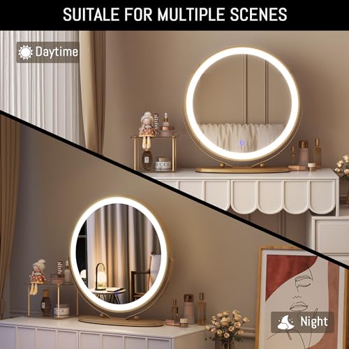 LVSOMT 20" Vanity Makeup Mirror with Lights, 3 Color Lighting Dimmable LED Mirror, Touch Control, 360°Rotation, High-Definition Large Round Lighted Up Mirror for Bedroom Table Desk