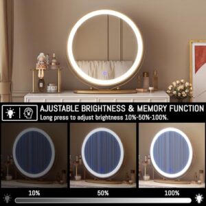 LVSOMT 20" Vanity Makeup Mirror with Lights, 3 Color Lighting Dimmable LED Mirror, Touch Control, 360°Rotation, High-Definition Large Round Lighted Up Mirror for Bedroom Table Desk