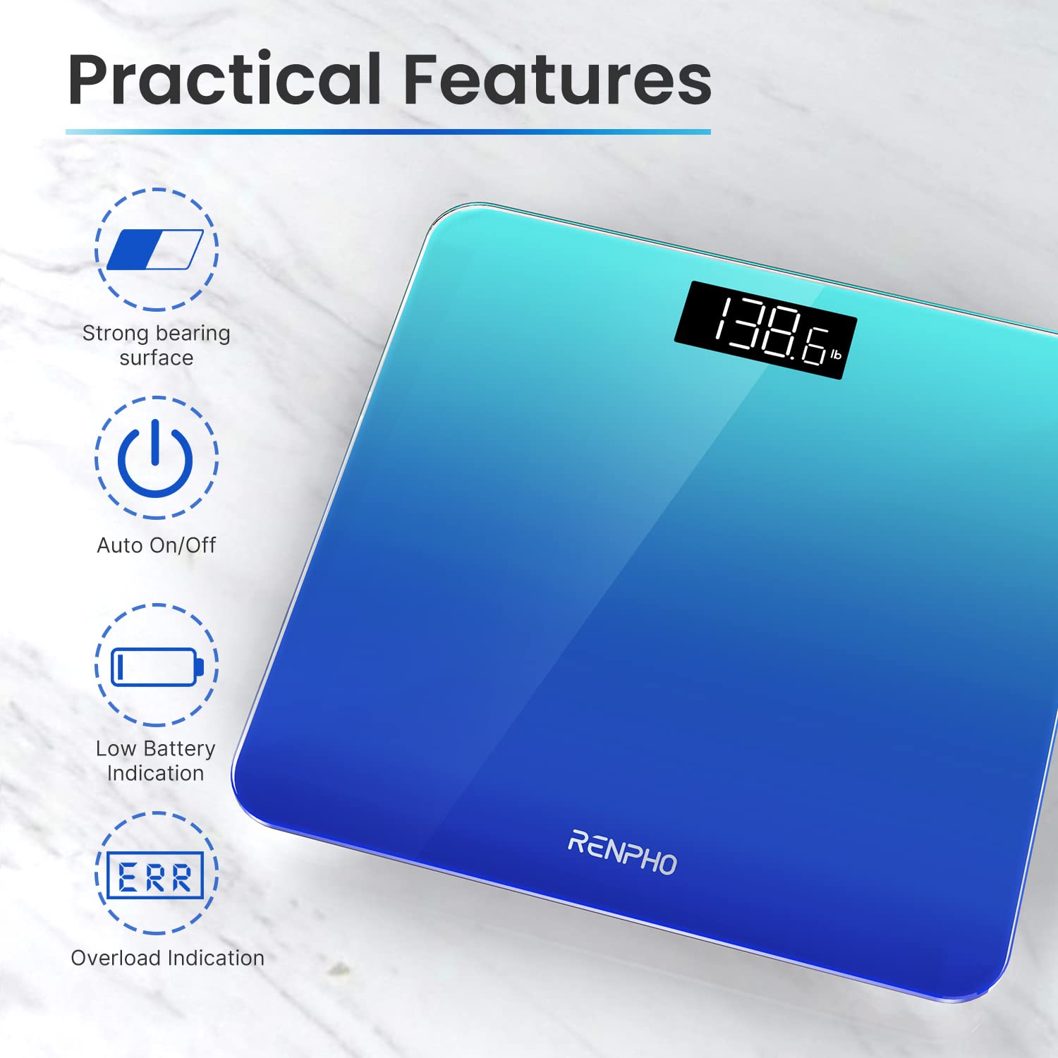 RENPHO Digital Bathroom Scale, Highly Accurate Body Weight Scale with Lighted LED Display, Round Corner Design, 400 lb Core 1S (Gradient-Blue, 10.24"/260mm)