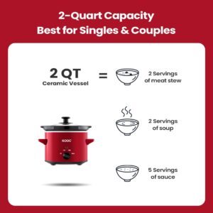 KOOC Small Slow Cooker, 2-Quart, Free Liners Included for Easy Clean-up, Upgraded Ceramic Pot, Adjustable Temp, Nutrient Loss Reduction, Stainless Steel, Red, Round