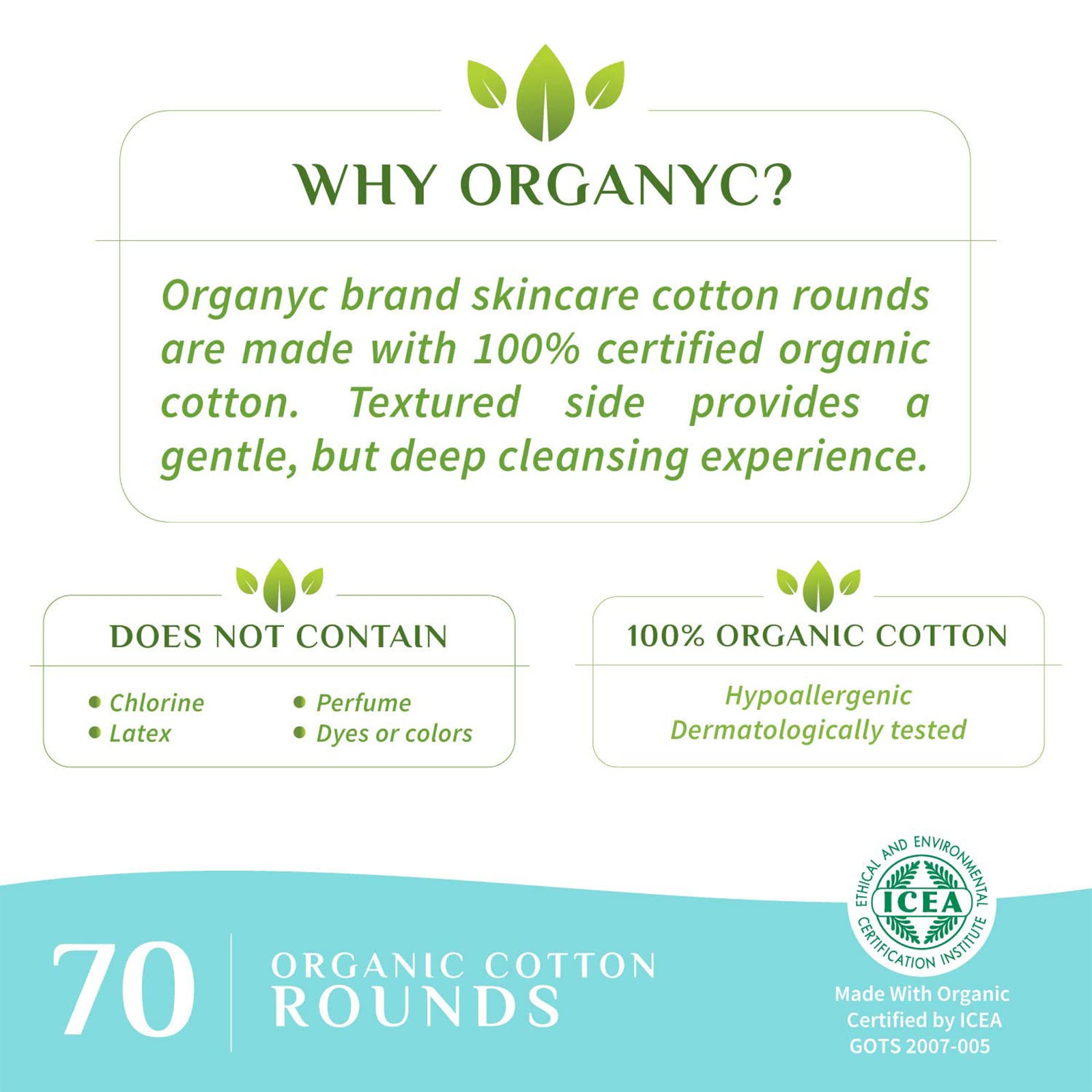 Organyc 100% Organic Cotton Rounds - Biodegradable Cotton, Chemical Free, For Sensitive Skin (70 Count) - Daily Cosmetics. Beauty and Personal Care