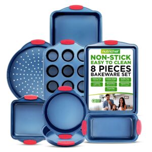 NutriChef 8-Piece Nonstick Baking Pan Set - Premium Carbon Steel Bakeware w/ Silicone Handles - Includes Pizza Tray, Loaf Pan, 12-Cup Muffin Pan, Round/Square Pans, & Cookie Sheet - Blue