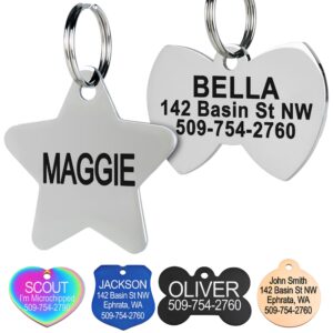 gotags stainless steel pet id tags, personalized dog tags and cat tags, up to 8 lines of custom text, engraved on both sides, in bone, round, heart, bowtie and more (star, regular (pack of 1))