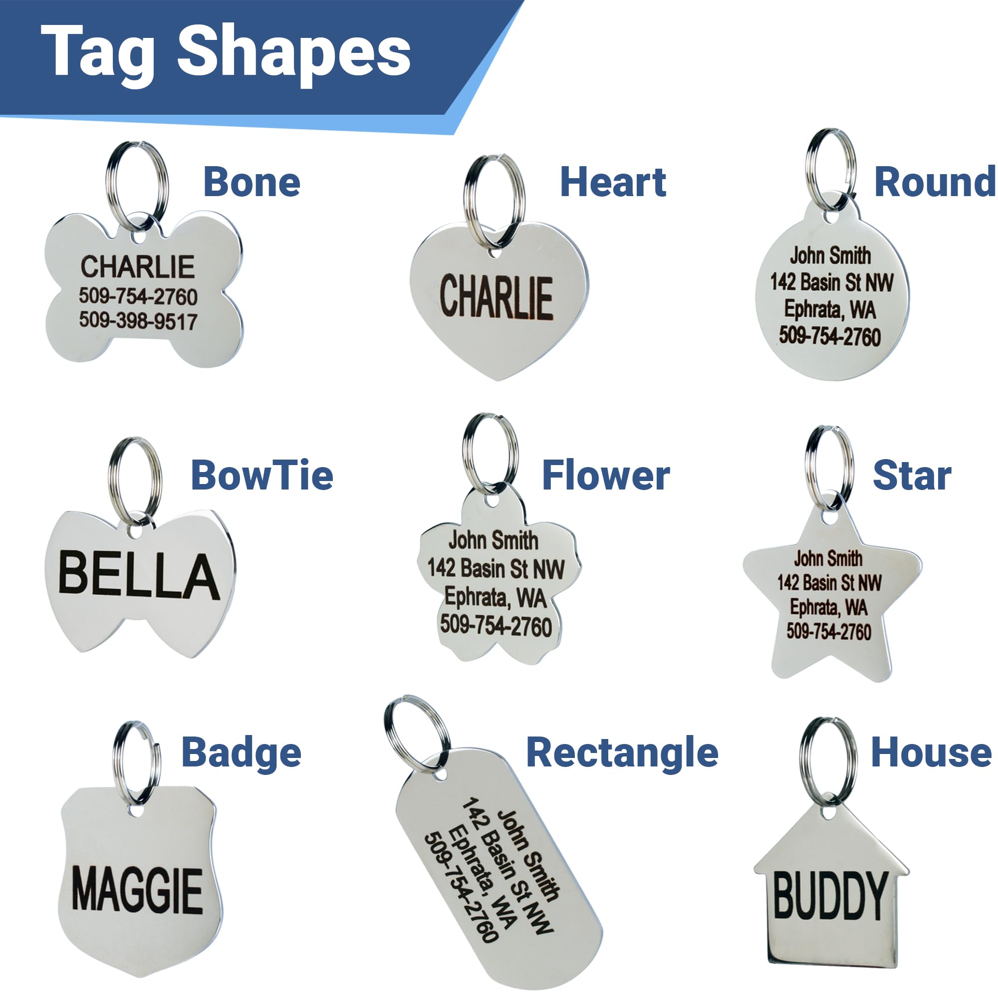 GoTags Stainless Steel Pet ID Tags, Personalized Dog Tags and Cat Tags, up to 8 Lines of Custom Text, Engraved on Both Sides, in Bone, Round, Heart, Bowtie and More (Star, Regular (Pack of 1))