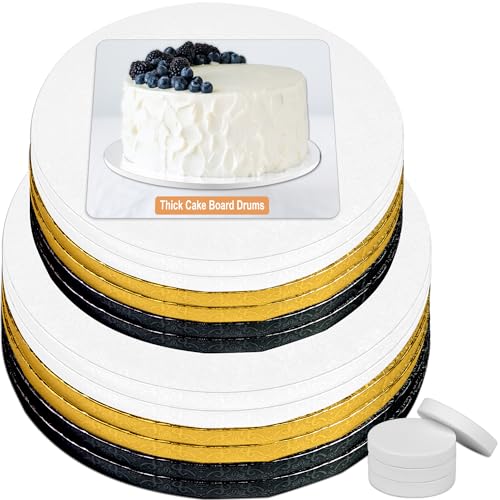 BOARDS+ 12 Pack Cake Drums in 2 Sizes (10, 12 Inch) & in 3 Colors (White, Black, Gold) | 1/2" Thick Cake Board Rounds, Sturdy & Greaseproof | Free Prop Up Tools | Perfect for Heavy/Tiered Cakes