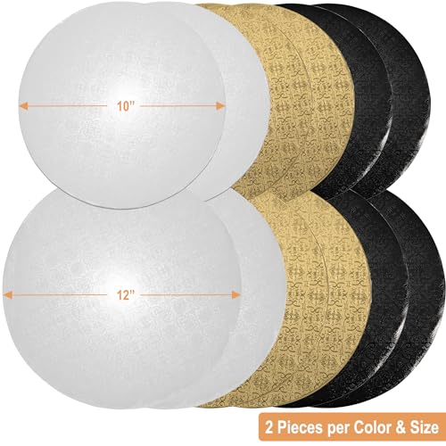 BOARDS+ 12 Pack Cake Drums in 2 Sizes (10, 12 Inch) & in 3 Colors (White, Black, Gold) | 1/2" Thick Cake Board Rounds, Sturdy & Greaseproof | Free Prop Up Tools | Perfect for Heavy/Tiered Cakes