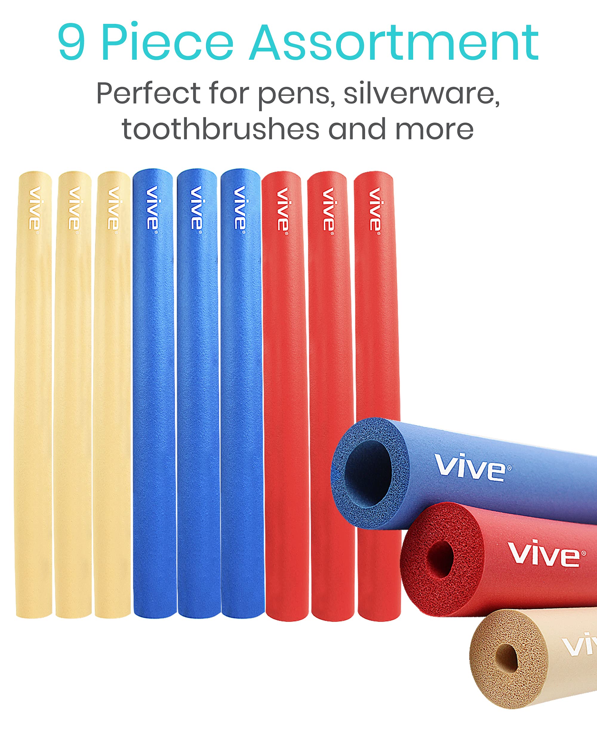 Vive Foam Tubing (9 Pack) - Utensil Padding Grips - Spoon, Fork Round Hollow Medical Closed Cell Tube - Cut to Length - Provides Wider, Larger Grip Pipe Tool for Dexterity, Disabled, Elderly