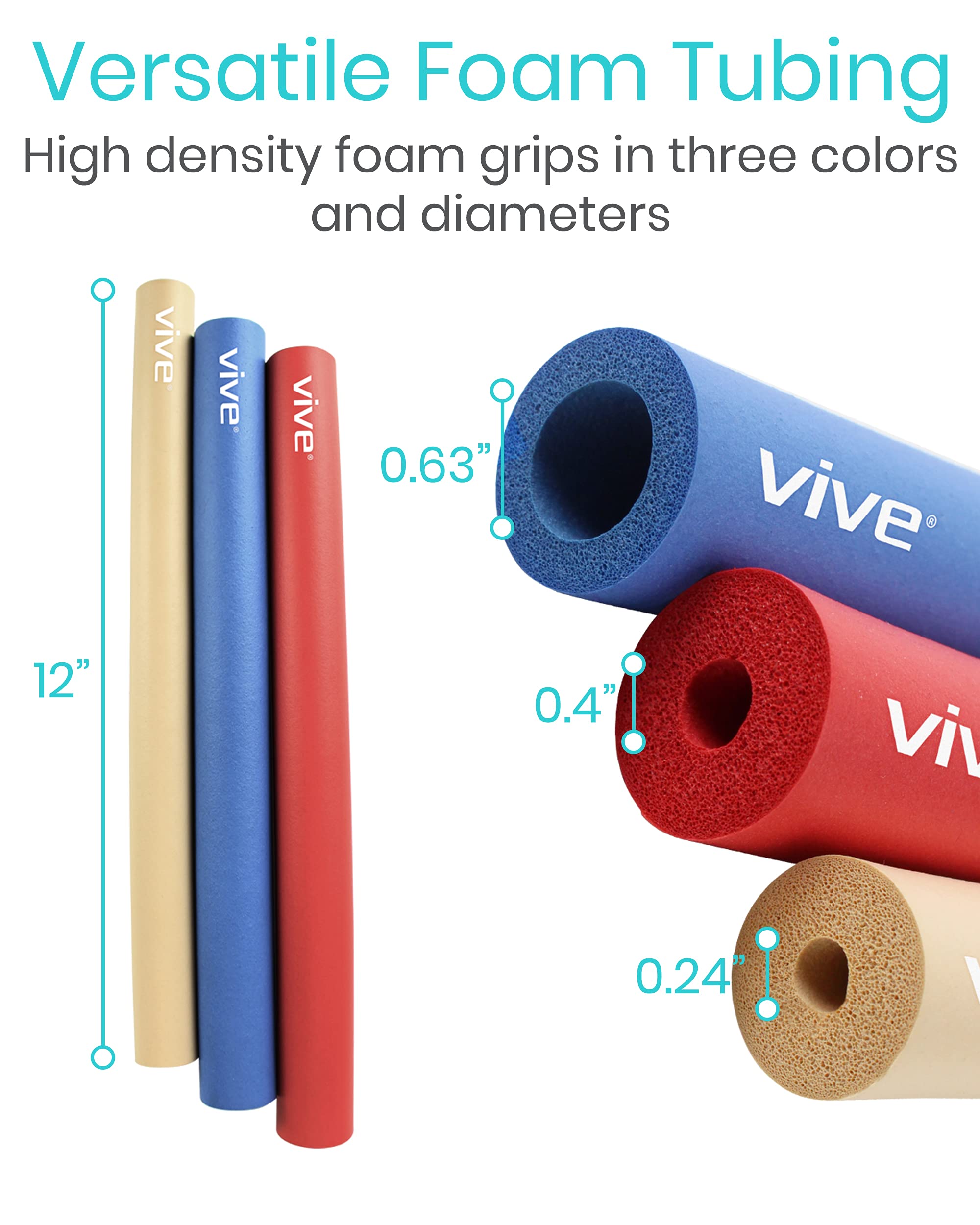 Vive Foam Tubing (9 Pack) - Utensil Padding Grips - Spoon, Fork Round Hollow Medical Closed Cell Tube - Cut to Length - Provides Wider, Larger Grip Pipe Tool for Dexterity, Disabled, Elderly