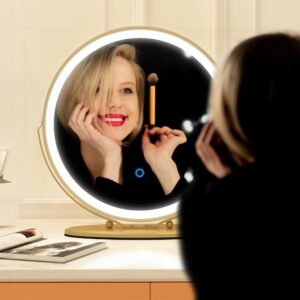 Vlsrka 20 inch Vanity Mirror with Lights, Round LED Makeup Mirror, Large Makeup Mirror with Lights, High Definition Lighted Up Mirror for Bedroom, Touch Control 3 Color Dimmable, 360° Rotation, Gold