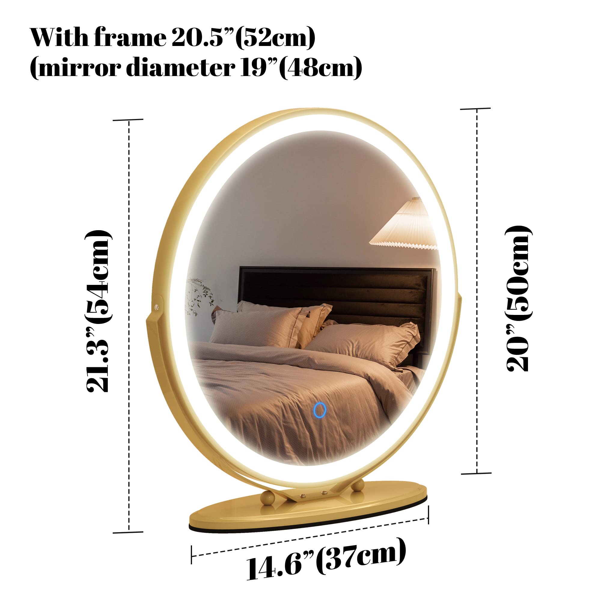 Vlsrka 20 inch Vanity Mirror with Lights, Round LED Makeup Mirror, Large Makeup Mirror with Lights, High Definition Lighted Up Mirror for Bedroom, Touch Control 3 Color Dimmable, 360° Rotation, Gold