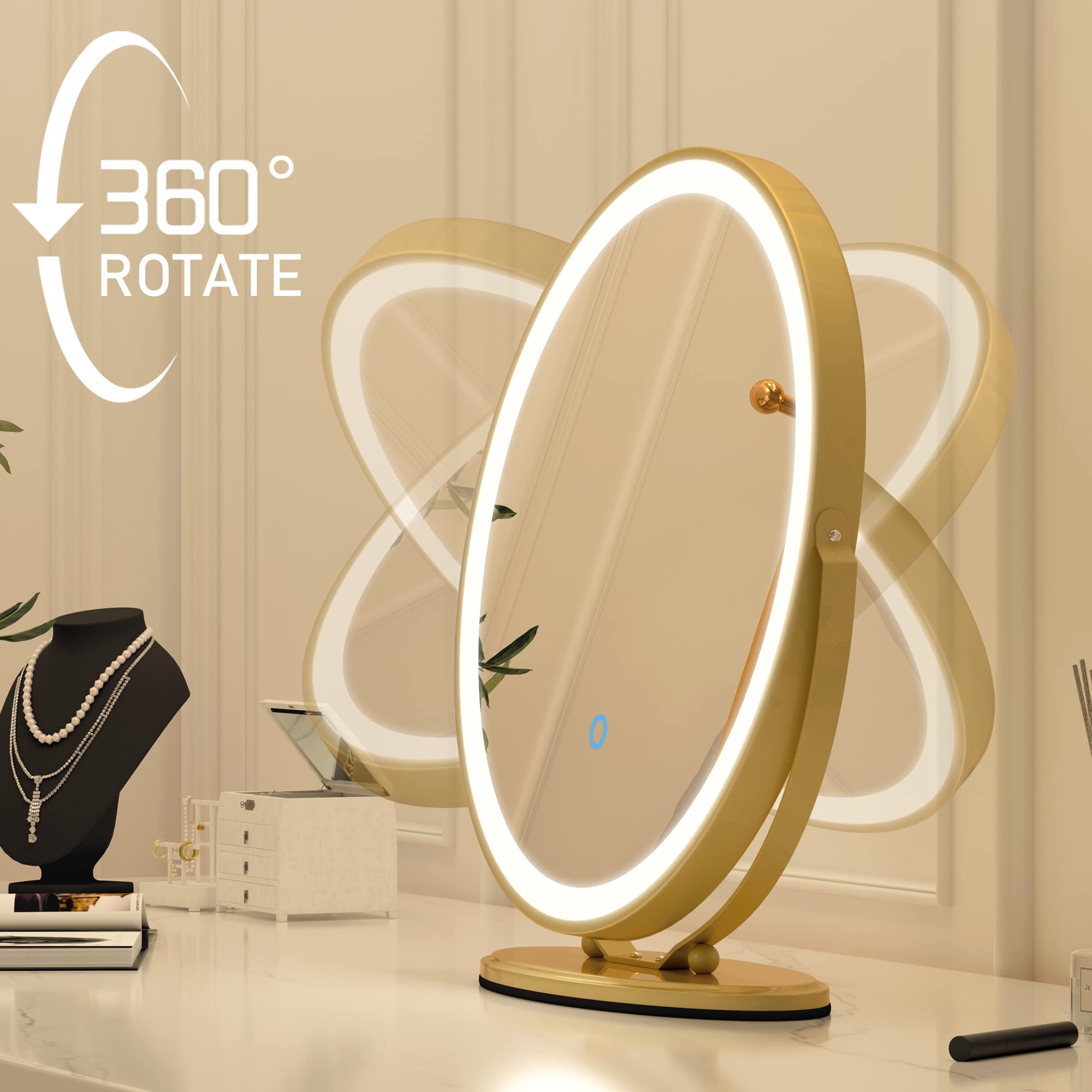 Vlsrka 20 inch Vanity Mirror with Lights, Round LED Makeup Mirror, Large Makeup Mirror with Lights, High Definition Lighted Up Mirror for Bedroom, Touch Control 3 Color Dimmable, 360° Rotation, Gold