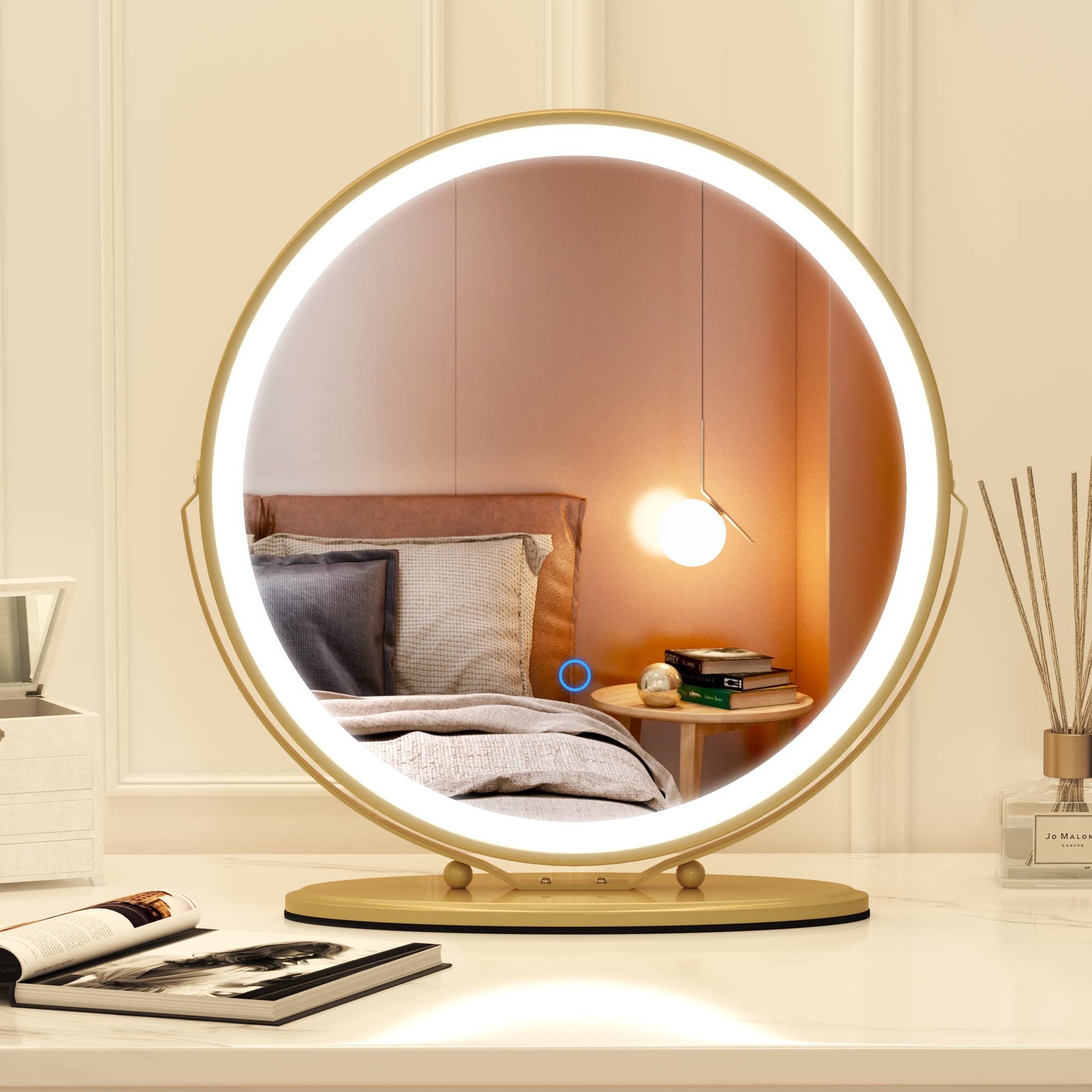 Vlsrka 20 inch Vanity Mirror with Lights, Round LED Makeup Mirror, Large Makeup Mirror with Lights, High Definition Lighted Up Mirror for Bedroom, Touch Control 3 Color Dimmable, 360° Rotation, Gold