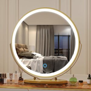 Vlsrka 20 inch Vanity Mirror with Lights, Round LED Makeup Mirror, Large Makeup Mirror with Lights, High Definition Lighted Up Mirror for Bedroom, Touch Control 3 Color Dimmable, 360° Rotation, Gold