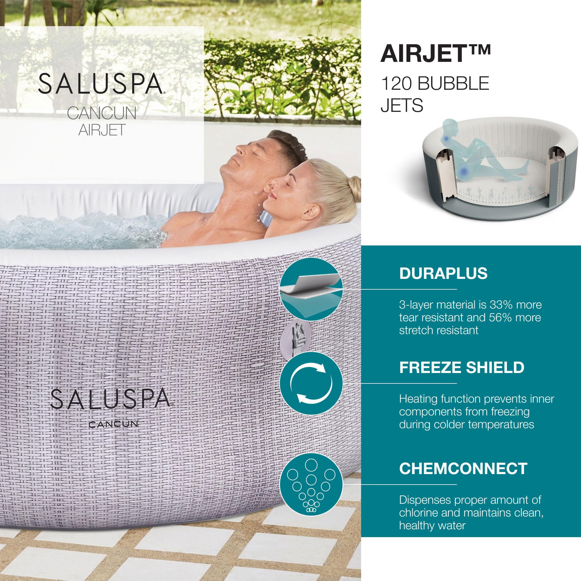 Bestway SaluSpa Cancun AirJet 2 to 4 Person Inflatable Hot Tub, 71 x 26 Inch Round Portable Outdoor Spa with 120 Soothing Jets and Cover, Gray