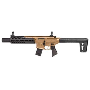 sig sauer mcx rattler .177 cal co2 semi-auto pellet rifle with flip-up sights and 30-round magazine