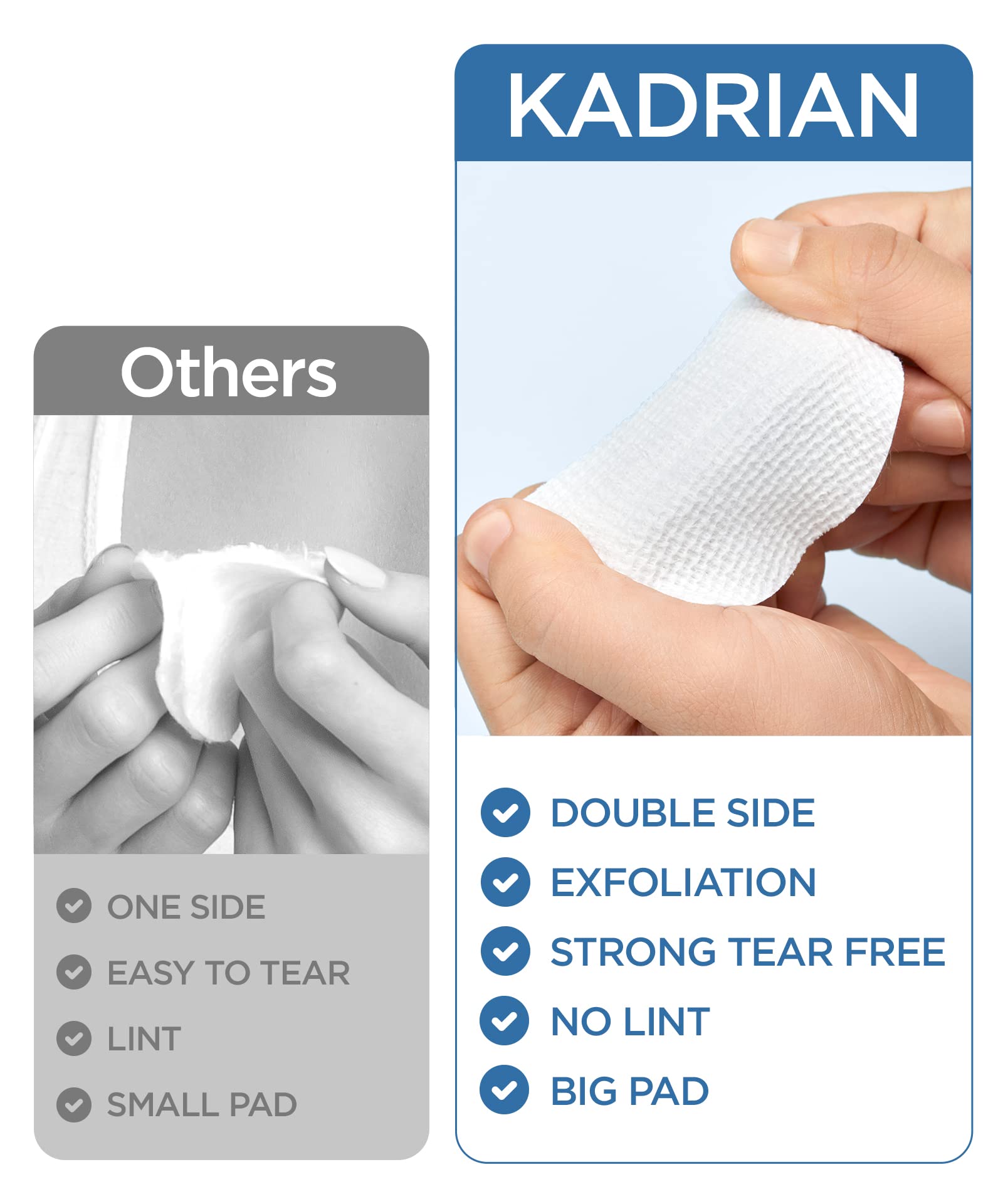 KADRIAN Double-Sided Facial Pads - Lint free - for Makeup Remover and Toner - Rayon face pads for toner and cleasing - Rayon not cotton balls - Exfoliating cotton rounds for face (180 Pads)
