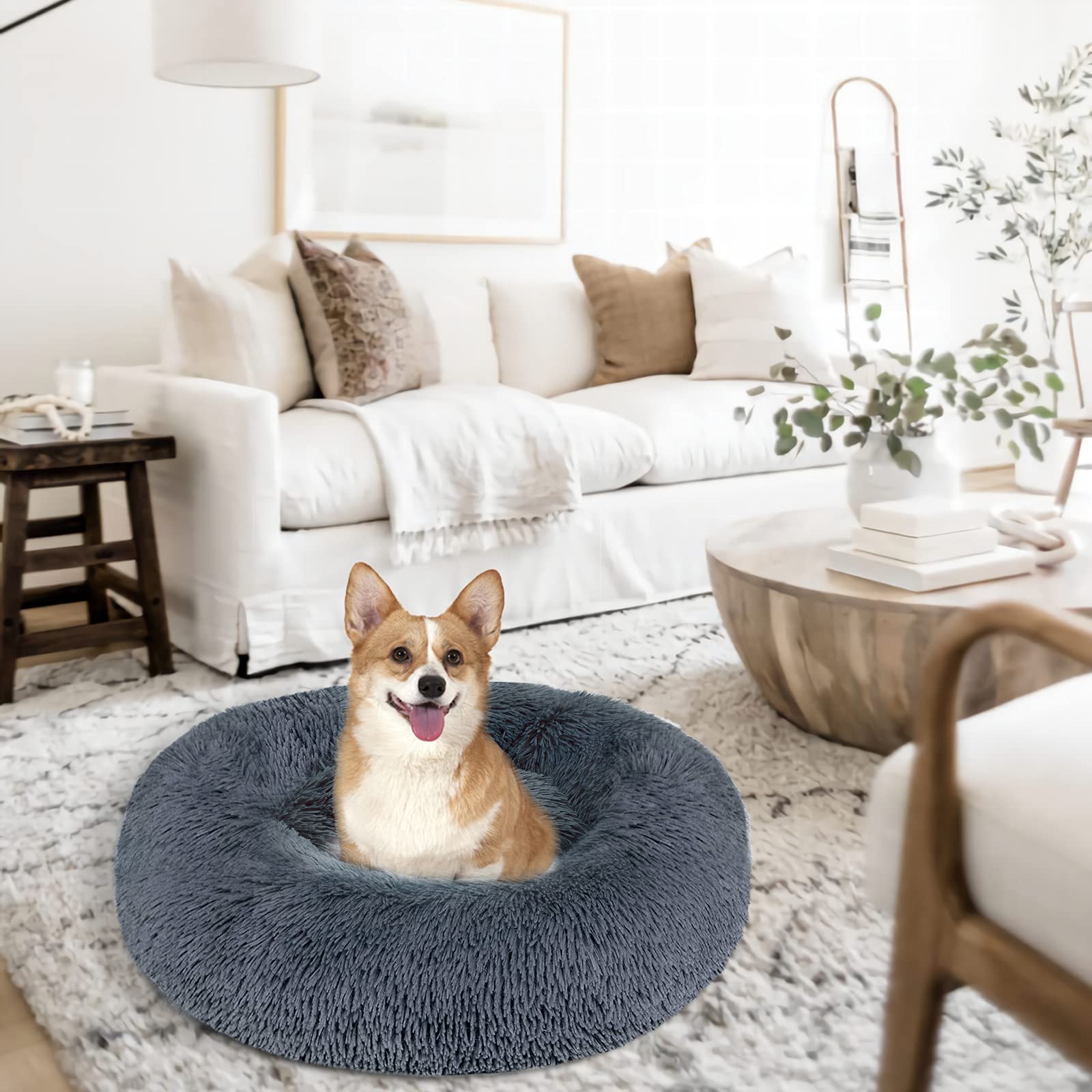 Calming Dog Bed Cat Bed, Washable Round Dog Bed - 23/30/36 inches Anti-Slip Faux Fur Donut Cuddler Cat Bed for Small Medium Large Dogs - Fits up to 25/45/100 lbs - Waterproof Bottom