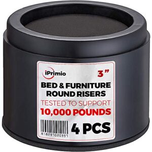 iprimio bed risers 3 inch lift, round, heavy duty, 4 pack, up to 10000lbs - bed raising blocks, furniture risers - safe, sturdy bed lifts for college dorm rooms, couches, tables, desk riser