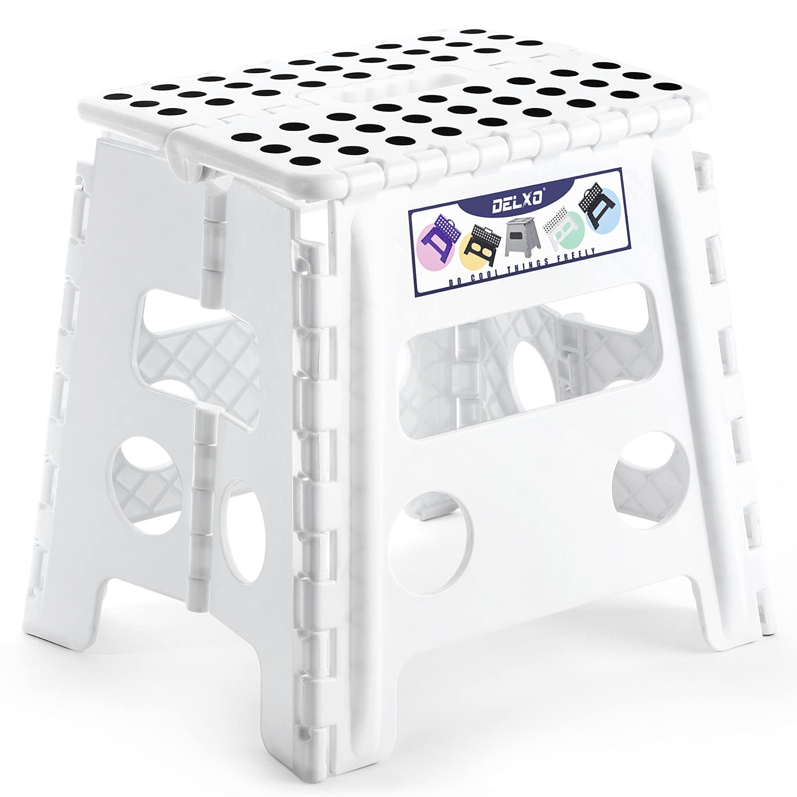 Delxo 13" Folding Step Stool for Kids and Adults, Non-Slip Foldable Step Stools with Handle,Plastic Portable Folding Stool for Bathroom,Bedroom,Kitchen,Hold up to 300lbs White
