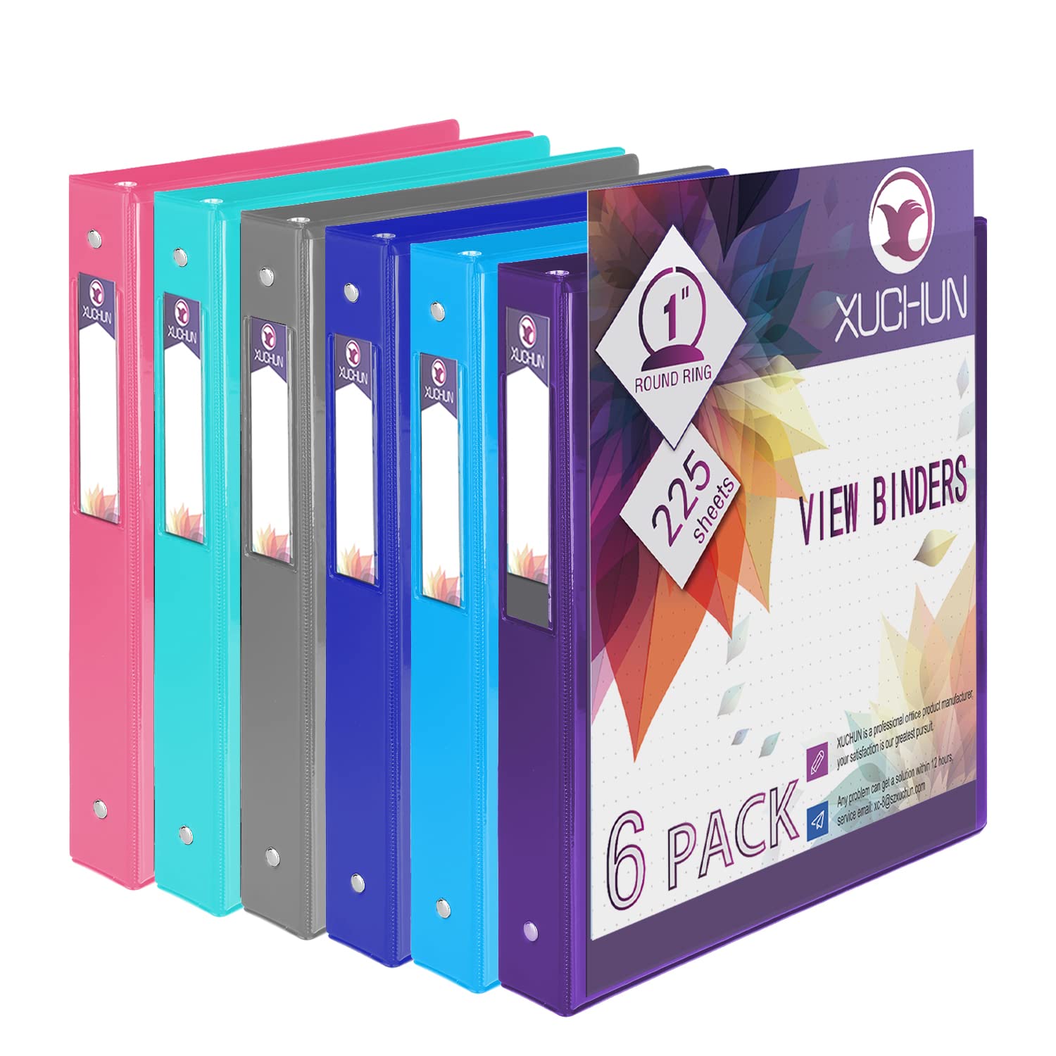 XUCHUN 6Pack 1”Inch Round 3 Ring Binder View Binders with 2 Pockets,Holds 225 Sheets Assorted Colors for Office,Home,School (Multicolor)