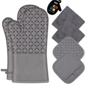 ixo 6pcs oven mitts and pot holders, 500°f heat resistant oven mitts with kitchen towels soft cotton lining and non-slip silicone surface safe for baking, cooking, bbq