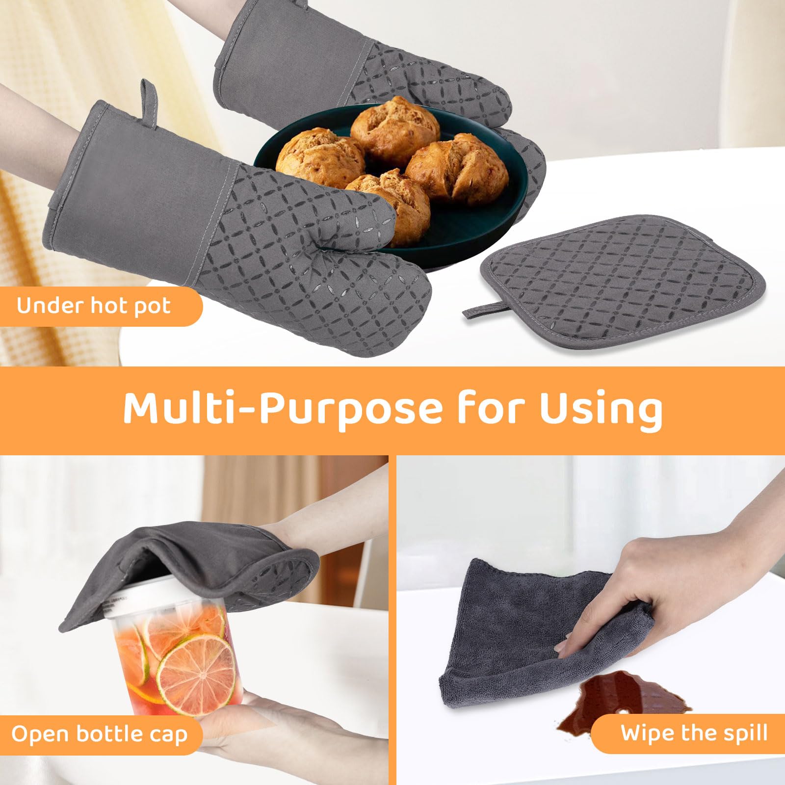 IXO 6Pcs Oven Mitts and Pot Holders, 500°F Heat Resistant Oven Mitts with Kitchen Towels Soft Cotton Lining and Non-Slip Silicone Surface Safe for Baking, Cooking, BBQ