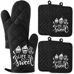 grobro7 6pcs cotton oven mitts and pot holders set life is sweet resistant pocket potholder machine washable microwave gloves with hanging loop hot pads for daily kitchen baking cooking grilling black