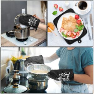 GROBRO7 6Pcs Cotton Oven Mitts and Pot Holders Set Life is Sweet Resistant Pocket Potholder Machine Washable Microwave Gloves with Hanging Loop Hot Pads for Daily Kitchen Baking Cooking Grilling Black