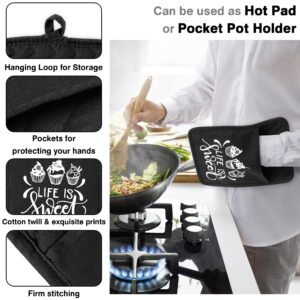 GROBRO7 6Pcs Cotton Oven Mitts and Pot Holders Set Life is Sweet Resistant Pocket Potholder Machine Washable Microwave Gloves with Hanging Loop Hot Pads for Daily Kitchen Baking Cooking Grilling Black