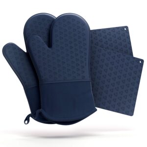 cosy house collection 4-piece oven mitt & pot holder set - 500°f heat resistant trivet cooking gloves - flexible, durable & comfortable long-lasting silicone - cooking, baking & grilling (navy blue)