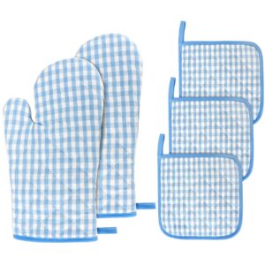 kitchen oven mitt and pot holders, 5 pcs heat resistant vintage cotton gingham oven mitts and potholders hot pads mats coasters set for cooking baking (blue set)