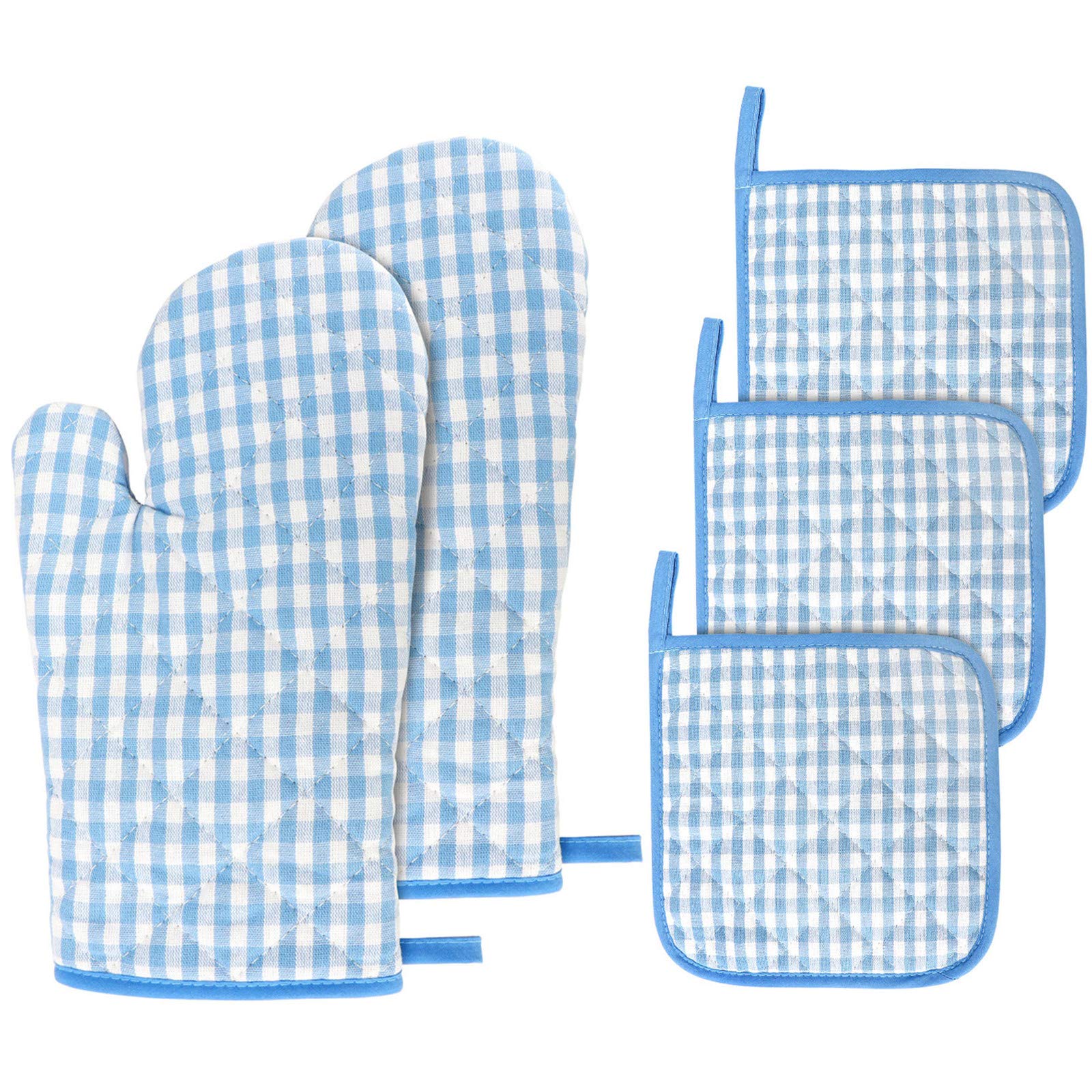 Kitchen Oven Mitt and Pot Holders, 5 pcs Heat Resistant Vintage Cotton Gingham Oven Mitts and Potholders Hot Pads Mats Coasters Set for Cooking Baking (Blue Set)