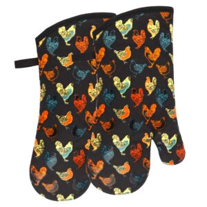 Oven Mitts Gloves 1 Pair Heat Resistant 480 ℉ Non Slip Clear Silicone Printed Rooster Comfortable Cotton Lining Kitchen Men Cooking Barbecue Machine Washable (Rooster, Black Mittens)