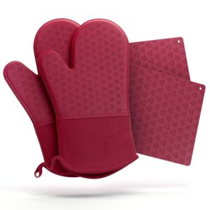 cosy house collection 4-piece oven mitt & pot holder set - 500°f heat resistant trivet cooking gloves - flexible, durable & comfortable long-lasting silicone - cooking, baking & grilling (red)