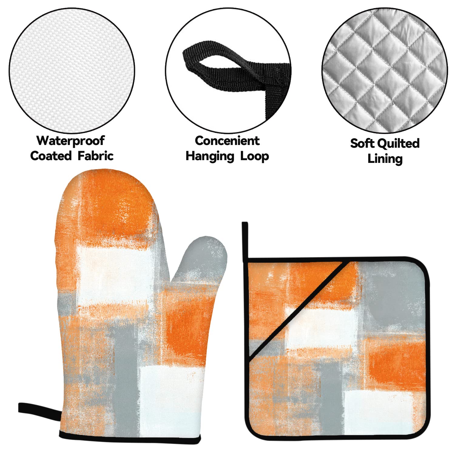 Orange Grey Oven Mitts and Pot Holders Sets of 4 Modern Abstract Art Oven Mitts Oven Gloves Pot Holders and Oven Mitts for Kitchen Baking Cooking Grilling (Orange)