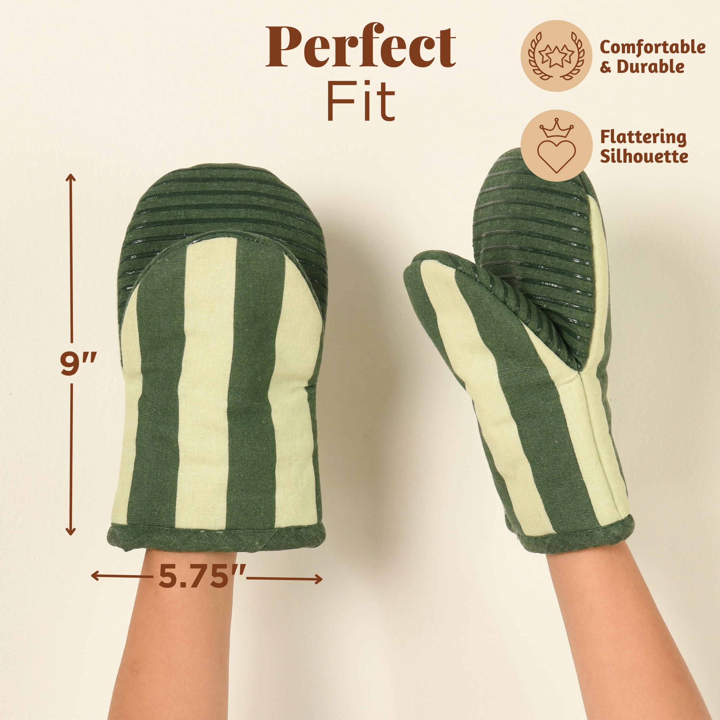 Folkulture Mini Oven Mitts Heat Resistant 5.75" x9", Set of 2 Short Oven Mitts with Hanging Loop, 100% Cotton Oven Gloves or Kitchen Mittens, Small Oven Mitt Set or Silicone Oven Mits (Matcha)