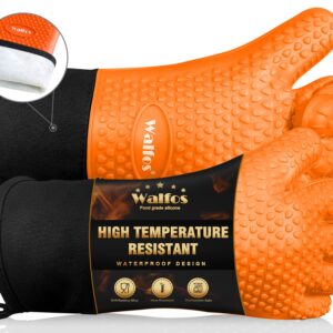 Walfos Silicone BBQ Gloves - Heat Resistant Grilling Gloves, Premium Non-Slip Kitchen Oven Mitt with Protective Cotton Layer Inside, Waterproof, Great for Grilling, Kitchen and Cooking, Orange