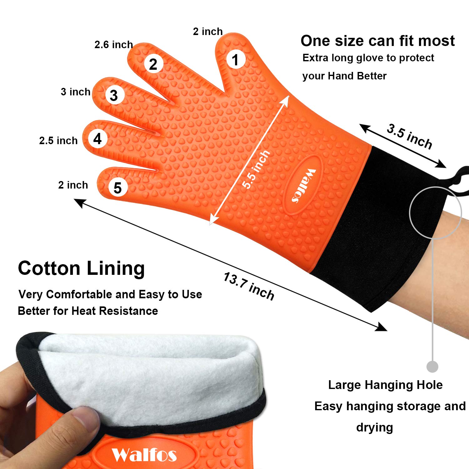 Walfos Silicone BBQ Gloves - Heat Resistant Grilling Gloves, Premium Non-Slip Kitchen Oven Mitt with Protective Cotton Layer Inside, Waterproof, Great for Grilling, Kitchen and Cooking, Orange