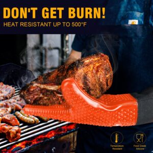 Walfos Silicone BBQ Gloves - Heat Resistant Grilling Gloves, Premium Non-Slip Kitchen Oven Mitt with Protective Cotton Layer Inside, Waterproof, Great for Grilling, Kitchen and Cooking, Orange