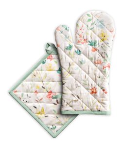 maison d' hermine oven mitt & pot holder 100% cotton heat resistant oven gloves (7.5"x13") & hot pads (8"x8") combo, bbq, cooking, chef & restaurants, colmar - spring/summer