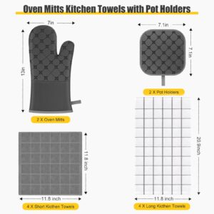 Oven Mitts Kitchen Towels Dishcloths with Pot Holders Sets 12PCS, Dish Towels Sets, Oven Gloves Pot Pads Heat Resistant 500 Degrees with Non-Slip Silicone Surface for Cooking Baking Grilling-Gray