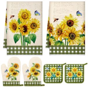 leinuosen 6 floral plant oven mitts and pot holders sets farmhouse kitchen towels absorbent dish towels for cooking baking grilling(yellow, novelty sunflower)