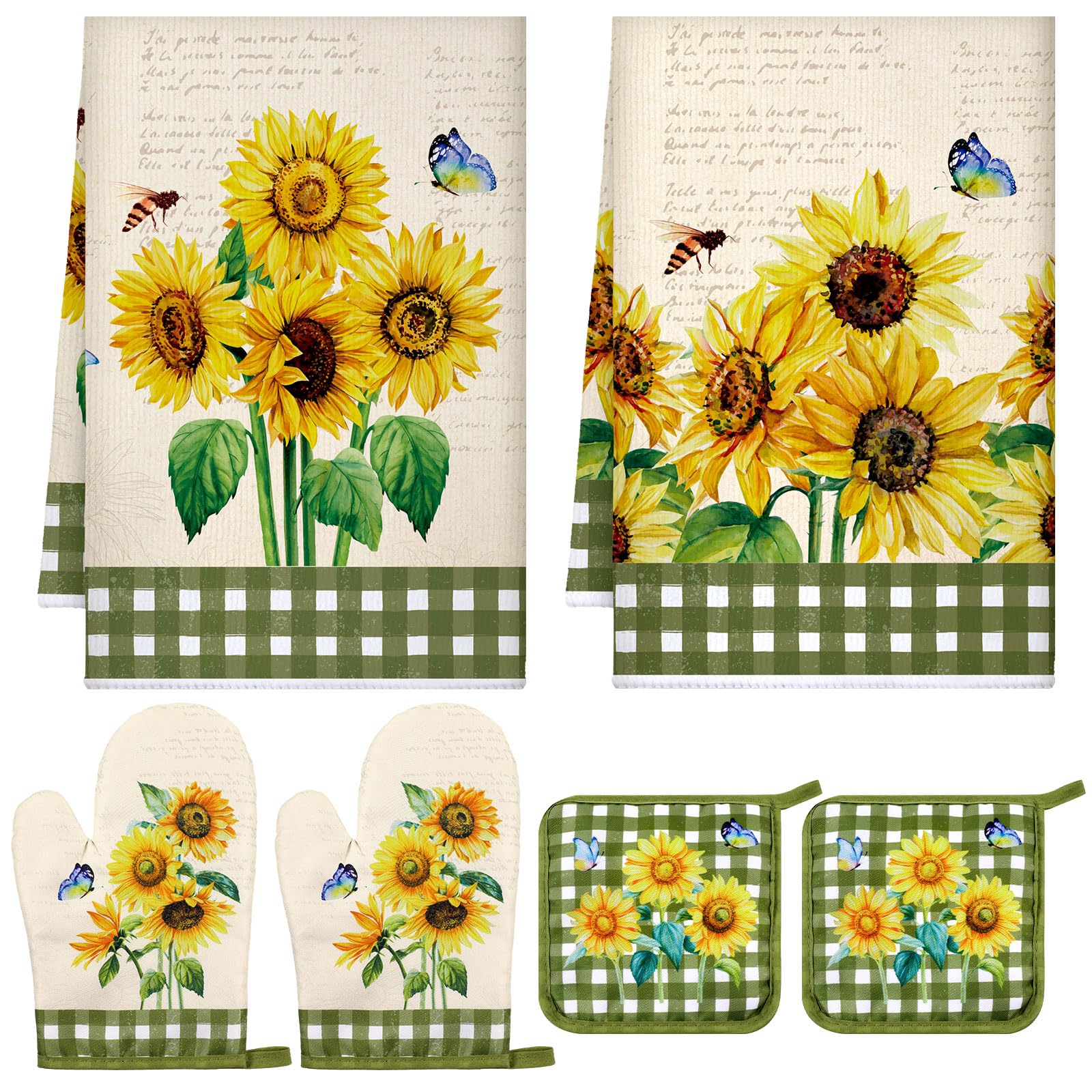 Leinuosen 6 Floral Plant Oven Mitts and Pot Holders Sets Farmhouse Kitchen Towels Absorbent Dish Towels for Cooking Baking Grilling(Yellow, Novelty Sunflower)