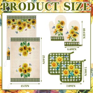 Leinuosen 6 Floral Plant Oven Mitts and Pot Holders Sets Farmhouse Kitchen Towels Absorbent Dish Towels for Cooking Baking Grilling(Yellow, Novelty Sunflower)